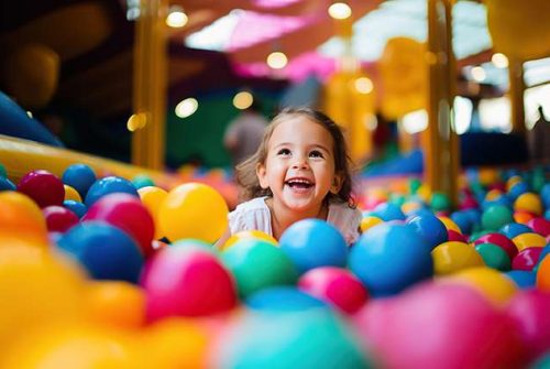 Joyful child immersed in play, navigating through a vibrant ball pit at an indoor playground , concept of Carefree adventure Joyful child immersed in play, navigating through a vibrant ball pit at an indoor playground , concept of Carefree adventure and Colorful exploration